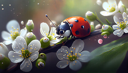 Spring colorful ladybug  flowers illustration