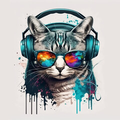 Coole Hipster Katze mit Sonnenbrille und Kopfhörer - Thema Hip-Hop, Influencer und Retro - Generative AI