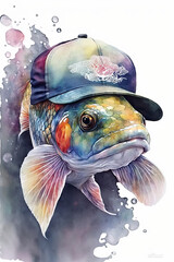Koi Fish wearing Baseball cap, Psychedelic Illustration. Generative AI