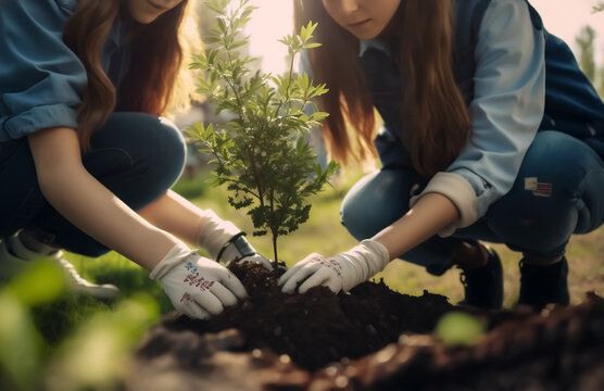 Zwei Mädchen pflanzen jungen Baum in Erde - Thema Umweltschutz, Nachhaltigkeit und Klimawandel - Generative AI