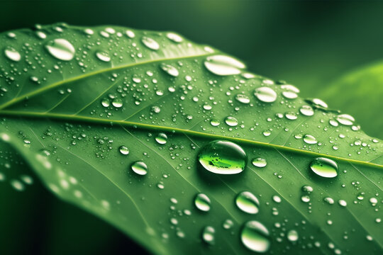 Nahaufnahme grünes Blatt mit Wassertropfen oder Tautropfen - Thema Frische und Umweltschutz