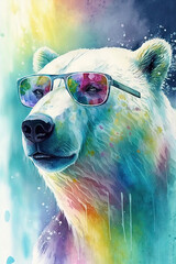 Polar Bear wearing sunglasses, Psychedelic Illustration. Generative AI