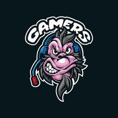 Monkey mascot logo design vector with modern illustration concept style for badge, emblem and t shirt printing. Monkey gamer illustration.