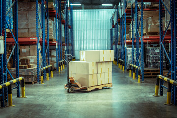 Pallet truck in warehouse or storage and shelves with cardboard boxes.