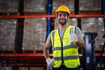 Caucasian male warehouse workers in warehouse distribution center environment.