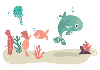 Vector cartoon-style reef illustration featuring vibrant colors, coral, fish, and seaweed. Ideal for use in children's designs and ocean-themed projects