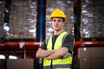 Caucasian male warehouse workers in warehouse distribution center environment.