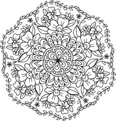 Flower Mandala with decorative elements. Hand drawn. Coloring for adult and kids. Vector Illustration
