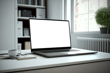 laptop on the table, white screen laptop mockup, Generative AI