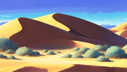 Rocky Desert with Canyons and a Few Bushes Detailed Hand Drawn Painting Illustration
