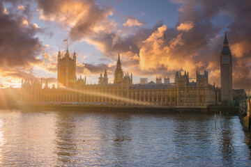 Big Ben and Houses of Parliament in London, UK. Colorful sunrise