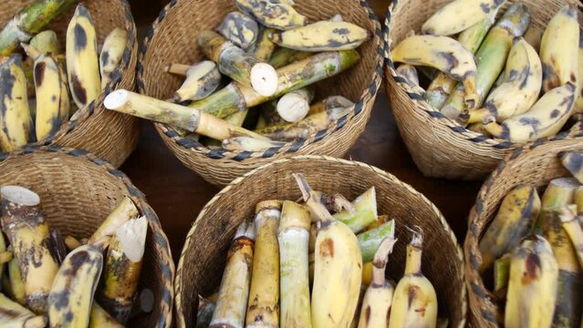 bunches of bananas for feeding elephants in wicker baskets