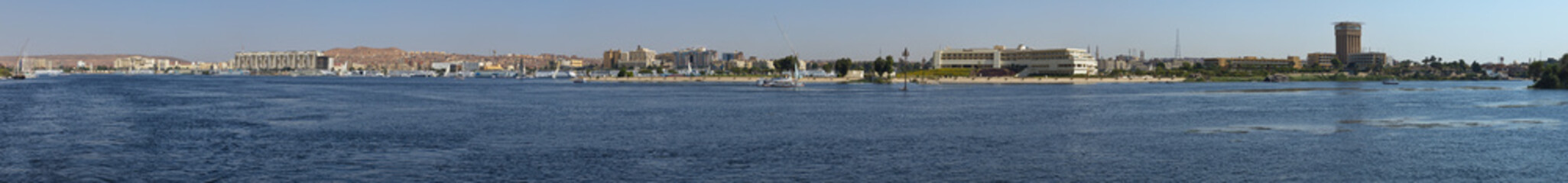 Panoramic view of the east bank of Nile in Aswan, Egypt, Africa
