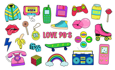 Retro 80s 90s clipart set. Neon colors y2k fashion patch, badge, emblem, stickers.