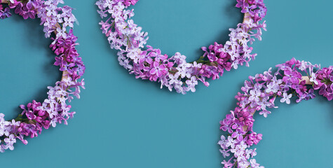 Banner with Lilac flowers wreath with copy space. Summer, spring floral composition flat lay, top view