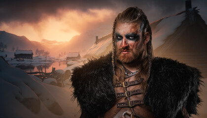 Portrait of medieval barbarian with black fur in antique northern village.