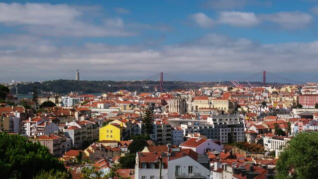 Timelapse of Lisbon famous view from Miradouro dos Barros tourist viewpoint over Alfama old city district, 25th of April Bridge and Christ the King statue. Lisbon, Portugal. Lisbon, Portugal