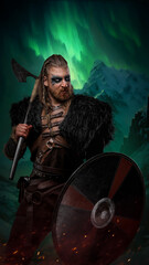 Portrait of medieval barbarian with fur and axe against mountains and northern lights.