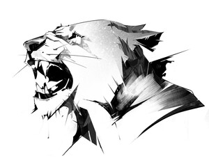 painted stylized portrait of a lion on a white background