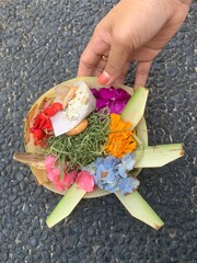 Canang Sari as the worship symbol from the Bali Hindus to God. There are other types such as Banten Saiban, Canang Kokokan, Segehan, Sodan, and others. Bali, Indonesia