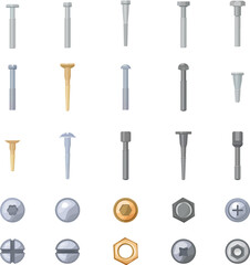 Screw-bolt icons set cartoon vector. Head screw. Nail tool