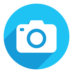 Camera icon. long shadow design. blue background.