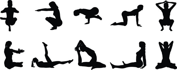 set of silhouettes of people.silhouettes of people doing yoga
