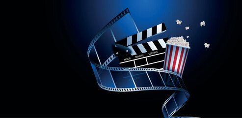 concetto spettacolo, cinema, ciak con pellicola cinema e pop corn, su sfondo blu - obrazy, fototapety, plakaty