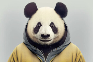 Generative AI illustration of a portrait photo of a panda looking at the camera wearing a yellow dress. against white background