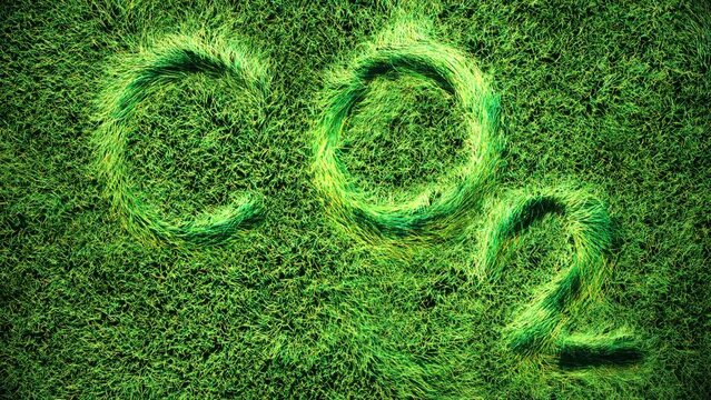 3d animation imprint of the word "CO2" on a topview of a green grass field, blades of grass subtle waving in the wind and air, motion graphics letters get minted on the grass