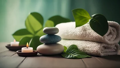 Foto auf Glas spa and wellness concept. stack of massage stones and towels with green plant on white wooden table. Generative AI © pcperle