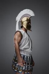 Plakat Portrait of authentic soldier from greece with plumed helmet against grey background.
