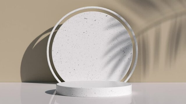 White granite set with podium ring, nut wall, palm leaf shadow, 3d rendering