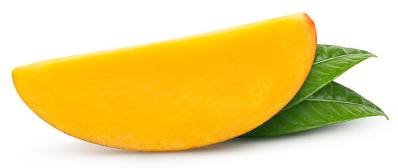 Mango fruit slices and mango leaves over white