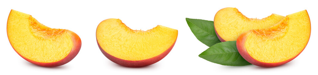 Peach slice collection isolated on white background. Peach set Clipping Path. Peach macro studio photo