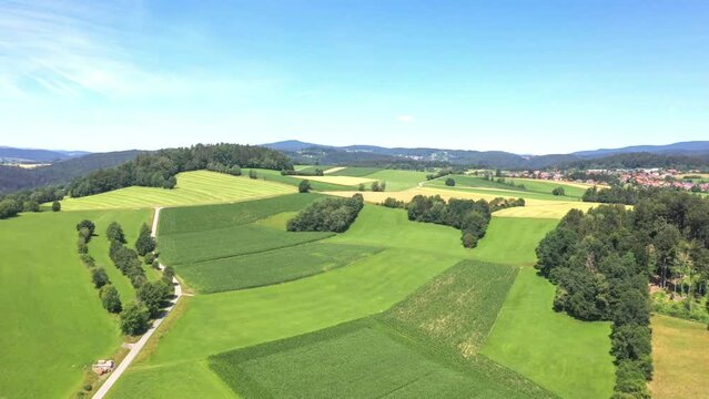 Filmmaterial der saftig gr&uuml;nen Natur Landschaft des Bayerischen Wald bei Grafenau mit Wiesen Felder und Bergen im Sommer im Sonnenlicht und blauem Himmel, Deutschland