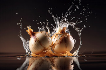 close-up of onions falling in fresh clear water, ai generated