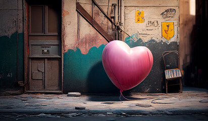 A cute little pink love heart balloon in a landfill, a dirty ghetto street littered with trash and debris. Illustration, Generative AI. - obrazy, fototapety, plakaty