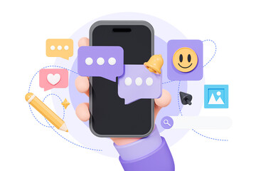 3D Hand holding mobile phone with social media communication. Smartphone with speech bubble messages. Digital marketing concept. Online chatting. Cartoon creative design illustration. 3D Rendering - obrazy, fototapety, plakaty