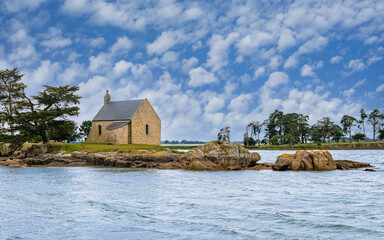 Boedic island, with the chapel, in the Morbihan gulf,  on the coast
