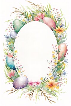 Easter frame with Watercolor Easter eggs and Flowers .Generative AI