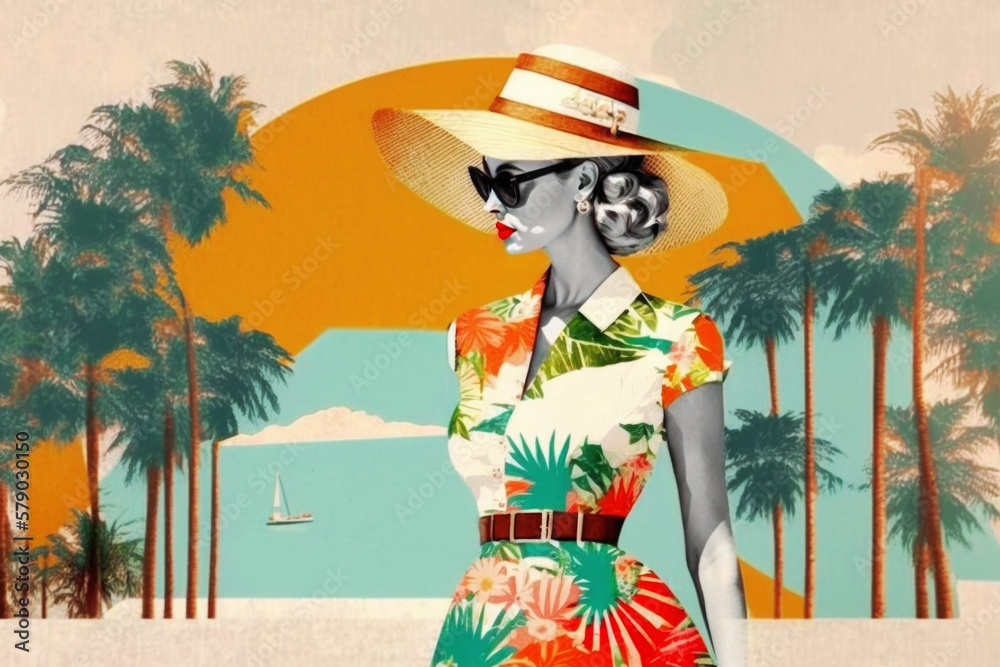 Wall mural fashion woman wearing 60s retro style summer dress, sunglasses and hat. travel themes collage. gener