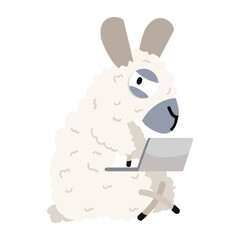 Cute alpaca with laptop cartoon