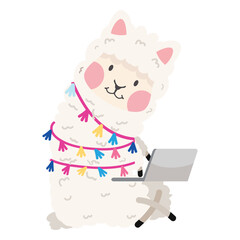 Cute alpaca with laptop vector