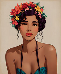 Young brunette woman with a flower crown on her head in Hawaiian style. Illustration in retro style. Generative AI - obrazy, fototapety, plakaty