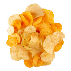 Pile of potato chips isolated on transparent background. Cheesy and satisfying treat
