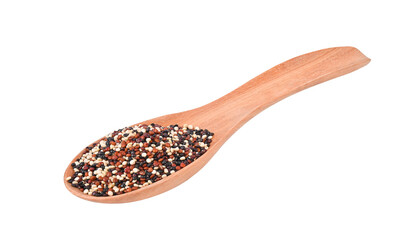 Raw quinoa in wooden spoon on transparent png..