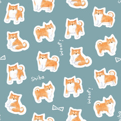 Seamless Pattern with Cartoon Shiba Inu Dog Design on Blue Grey Background