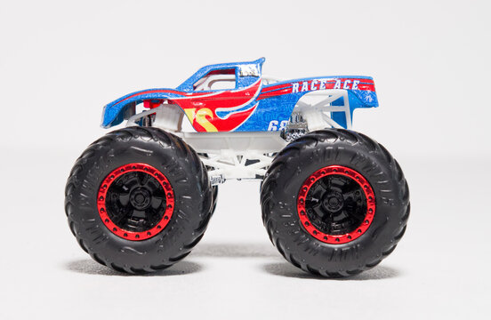 kent, uk 01.01.2023 Hot Wheels Monster Truck race ace monster jam die cast toy car. vintage and modern hot wheel collectable toy cars for kids. Car crush racing 4 x 4 muscle car..