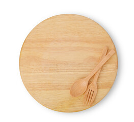 Circle wood tray with spoon and fork on white background, top view